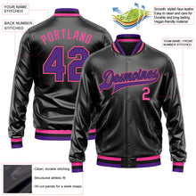 Laden Sie das Bild in den Galerie-Viewer, Uksn Individuelles Bomberjacke in Schwarz-Violett-Pink mit Kunstleder, Druckknopfleiste und Varsity-Letterman-Stil

