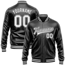 Laden Sie das Bild in den Galerie-Viewer, Uksn Individuelles Bomberjacke in Schwarz-Weiß-Schwarz mit Kunstleder, Druckknopfleiste und Varsity-Letterman-Stil
