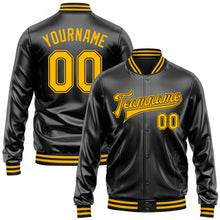 Laden Sie das Bild in den Galerie-Viewer, Uksn Individuelles Bomberjacke in Schwarz-Gold-Schwarz mit Kunstleder, Druckknopfleiste und Varsity-Letterman-Stil
