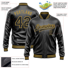 Laden Sie das Bild in den Galerie-Viewer, Uksn Individuelles Bomberjacke in Schwarz-Schwarz-Altgold mit Kunstleder, Druckknopfleiste und Varsity-Letterman-Stil
