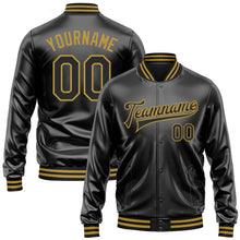 Laden Sie das Bild in den Galerie-Viewer, Uksn Individuelles Bomberjacke in Schwarz-Schwarz-Altgold mit Kunstleder, Druckknopfleiste und Varsity-Letterman-Stil
