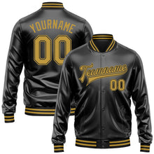 Laden Sie das Bild in den Galerie-Viewer, Uksn Individuelles Bomberjacke in Schwarz-Altgold-Schwarz mit Kunstleder, Druckknopfleiste und Varsity-Letterman-Stil
