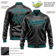 Laden Sie das Bild in den Galerie-Viewer, Uksn Individuelles Bomberjacke in Schwarz-Schwarz-Petrol mit Kunstleder, Druckknopfleiste und Varsity-Letterman-Stil
