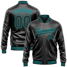 Laden Sie das Bild in den Galerie-Viewer, Uksn Individuelles Bomberjacke in Schwarz-Schwarz-Petrol mit Kunstleder, Druckknopfleiste und Varsity-Letterman-Stil
