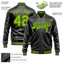Laden Sie das Bild in den Galerie-Viewer, Uksn Individuelles Bomberjacke in Schwarz-Neongrün-Schwarz mit Kunstleder, Druckknopfleiste und Varsity-Letterman-Stil
