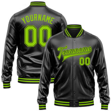 Laden Sie das Bild in den Galerie-Viewer, Uksn Individuelles Bomberjacke in Schwarz-Neongrün-Schwarz mit Kunstleder, Druckknopfleiste und Varsity-Letterman-Stil
