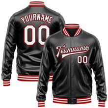 Laden Sie das Bild in den Galerie-Viewer, Uksn Individuelles Bomberjacke in Schwarz-Weiß-Rot mit Kunstleder, Druckknopfleiste und Varsity-Letterman-Stil

