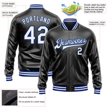 Laden Sie das Bild in den Galerie-Viewer, Uksn Individuelles Bomberjacke in Schwarz-Weiß-Royalblau mit Kunstleder, Druckknopfleiste und Varsity-Letterman-Stil
