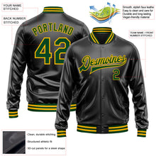 Laden Sie das Bild in den Galerie-Viewer, Uksn Individuelles Bomberjacke in Schwarz-Grün-Gold mit Kunstleder, Druckknopfleiste und Varsity-Letterman-Stil
