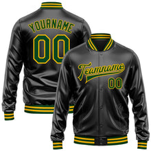 Laden Sie das Bild in den Galerie-Viewer, Uksn Individuelles Bomberjacke in Schwarz-Grün-Gold mit Kunstleder, Druckknopfleiste und Varsity-Letterman-Stil
