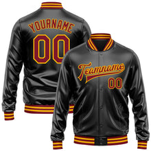 Laden Sie das Bild in den Galerie-Viewer, Uksn Individuelles Bomberjacke in Schwarz-Karmesinrot-Gold mit Kunstleder, Druckknopfleiste und Varsity-Letterman-Stil
