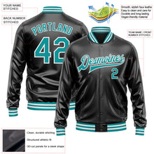 Laden Sie das Bild in den Galerie-Viewer, Uksn Individuelles Bomberjacke in Schwarz-Petrol-Weiß mit Kunstleder, Druckknopfleiste und Varsity-Letterman-Stil
