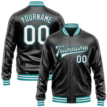 Laden Sie das Bild in den Galerie-Viewer, Uksn Individuelles Bomberjacke in Schwarz-Weiß-Petrol mit Kunstleder, Druckknopfleiste und Varsity-Letterman-Stil
