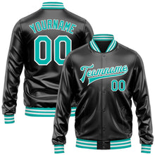 Laden Sie das Bild in den Galerie-Viewer, Uksn Individuelles Bomberjacke in Schwarz-Aqua-Weiß mit Kunstleder, Druckknopfleiste und Varsity-Letterman-Stil
