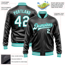 Laden Sie das Bild in den Galerie-Viewer, Uksn Individuelles Bomberjacke in Schwarz-Weiß-Aqua mit Kunstleder, Druckknopfleiste und Varsity-Letterman-Stil
