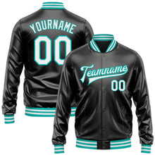 Laden Sie das Bild in den Galerie-Viewer, Uksn Individuelles Bomberjacke in Schwarz-Weiß-Aqua mit Kunstleder, Druckknopfleiste und Varsity-Letterman-Stil
