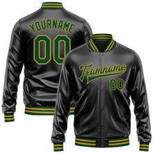 Laden Sie das Bild in den Galerie-Viewer, Uksn Individuelles Bomberjacke in Schwarz-Grün-Altgold mit Kunstleder, Druckknopfleiste und Varsity-Letterman-Stil
