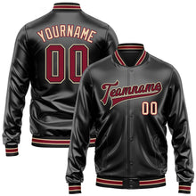 Laden Sie das Bild in den Galerie-Viewer, Uksn Individuelles Bomberjacke in Schwarz-Karmesinrot-City-Creme mit Kunstleder, Druckknopfleiste und Varsity-Letterman-Stil
