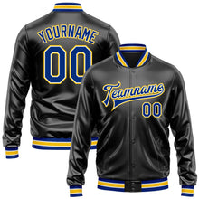 Laden Sie das Bild in den Galerie-Viewer, Uksn Individuelles Bomberjacke in Schwarz-Royalblau-Gelb mit Kunstleder, Druckknopfleiste und Varsity-Letterman-Stil
