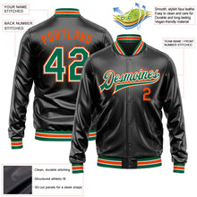 Laden Sie das Bild in den Galerie-Viewer, Uksn Individuelles Bomberjacke in Schwarz-Kelly-Grün-Orange mit Kunstleder, Druckknopfleiste und Varsity-Letterman-Stil
