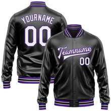 Laden Sie das Bild in den Galerie-Viewer, Uksn Individuelles Bomberjacke in Schwarz-Weiß-Violett mit Kunstleder, Druckknopfleiste und Varsity-Letterman-Stil
