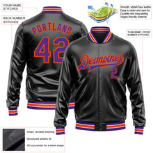Laden Sie das Bild in den Galerie-Viewer, Uksn Individuelles Bomberjacke in Schwarz-Violett-Orange mit Kunstleder, Druckknopfleiste und Varsity-Letterman-Stil
