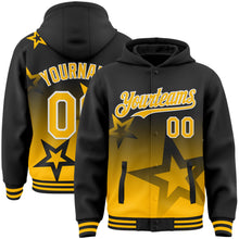 Laden Sie das Bild in den Galerie-Viewer, Uksn Individuelles Bomberjacke in Schwarz-Gold-Weiß mit Funkelstern-Design im Farbverlauf, Druckknopfleiste, Kapuze und Varsity-Letterman-Stil
