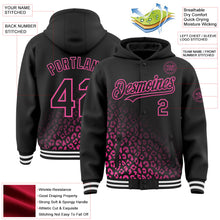 Laden Sie das Bild in den Galerie-Viewer, Uksn Individuelles Bomberjacke in Schwarz-Pink mit Leopardenmuster und Verlaufseffekt, Druckknopfleiste, Kapuze und Varsity-Letterman-Stil
