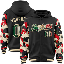 Laden Sie das Bild in den Galerie-Viewer, Uksn Individuelles Bomberjacke in Schwarz-Creme mit Vintage-Mexiko-Flagge, Digital-Camouflage im Zweifarben-Look, Druckknopfleiste, Kapuze und Varsity-Letterman-Stil
