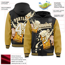 Laden Sie das Bild in den Galerie-Viewer, Uksn Individuelles Bomberjacke in Schwarz-Weiß-Altgold mit Bierfest-Design im Zweifarben-Look, Druckknopfleiste, Kapuze und Varsity-Letterman-Stil
