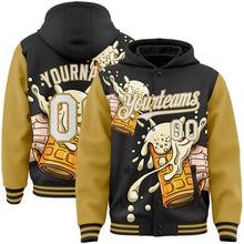 Laden Sie das Bild in den Galerie-Viewer, Uksn Individuelles Bomberjacke in Schwarz-Weiß-Altgold mit Bierfest-Design im Zweifarben-Look, Druckknopfleiste, Kapuze und Varsity-Letterman-Stil
