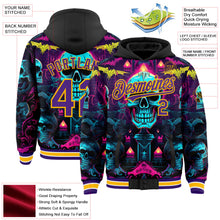 Laden Sie das Bild in den Galerie-Viewer, Uksn Individuelles Bomberjacke in Schwarz-Violett-Gold mit Rave-Totenkopf-Design, Druckknopfleiste, Kapuze und Varsity-Letterman-Stil
