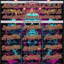 Laden Sie das Bild in den Galerie-Viewer, Uksn Individuelles Bomberjacke in Schwarz-Violett-Gold mit Rave-Totenkopf-Design, Druckknopfleiste, Kapuze und Varsity-Letterman-Stil
