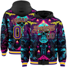 Laden Sie das Bild in den Galerie-Viewer, Uksn Individuelles Bomberjacke in Schwarz-Violett-Gold mit Rave-Totenkopf-Design, Druckknopfleiste, Kapuze und Varsity-Letterman-Stil
