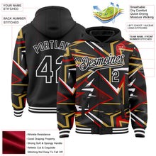 Laden Sie das Bild in den Galerie-Viewer, Uksn Individuelles Bomberjacke in Schwarz-Rot-Altgold-Weiß mit dynamischem geometrischen Splitter-Design, Druckknopfleiste, Kapuze und Varsity-Letterman-Stil
