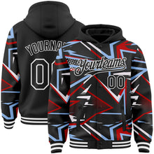 Laden Sie das Bild in den Galerie-Viewer, Uksn Individuelles Bomberjacke in Schwarz-Rot-Hellblau-Weiß mit dynamischem geometrischen Splitter-Design, Druckknopfleiste, Kapuze und Varsity-Letterman-Stil
