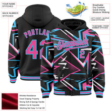 Laden Sie das Bild in den Galerie-Viewer, Uksn Individuelles Bomberjacke in Schwarz-Pink-Himmelblau mit dynamischem geometrischen Splitter-Design, Druckknopfleiste, Kapuze und Varsity-Letterman-Stil
