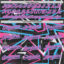 Laden Sie das Bild in den Galerie-Viewer, Uksn Individuelles Bomberjacke in Schwarz-Pink-Himmelblau mit dynamischem geometrischen Splitter-Design, Druckknopfleiste, Kapuze und Varsity-Letterman-Stil
