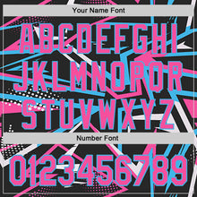 Laden Sie das Bild in den Galerie-Viewer, Uksn Individuelles Bomberjacke in Schwarz-Pink-Himmelblau mit dynamischem geometrischen Splitter-Design, Druckknopfleiste, Kapuze und Varsity-Letterman-Stil

