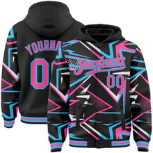 Laden Sie das Bild in den Galerie-Viewer, Uksn Individuelles Bomberjacke in Schwarz-Pink-Himmelblau mit dynamischem geometrischen Splitter-Design, Druckknopfleiste, Kapuze und Varsity-Letterman-Stil
