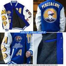 Laden Sie das Bild in den Galerie-Viewer, Uksn Individuelles Bomberjacke in Schwarz-Royalblau-Weiß mit Design im Torn-Paper-Stil und Farbspritzern, Druckknopfleiste, Kapuze und Varsity-Letterman-Stil
