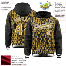 Laden Sie das Bild in den Galerie-Viewer, Uksn Individuelles Bomberjacke in Schwarz-Altgold-Weiß mit geometrischem Pfeil-Design, Druckknopfleiste, Kapuze und Varsity-Letterman-Stil
