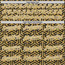 Laden Sie das Bild in den Galerie-Viewer, Uksn Individuelles Bomberjacke in Schwarz-Altgold-Weiß mit geometrischem Pfeil-Design, Druckknopfleiste, Kapuze und Varsity-Letterman-Stil

