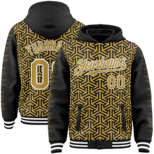 Laden Sie das Bild in den Galerie-Viewer, Uksn Individuelles Bomberjacke in Schwarz-Altgold-Weiß mit geometrischem Pfeil-Design, Druckknopfleiste, Kapuze und Varsity-Letterman-Stil
