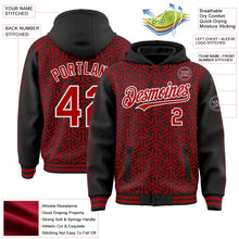 Laden Sie das Bild in den Galerie-Viewer, Uksn Individuelles Bomberjacke in Schwarz-Rot-Weiß mit geometrischem Pfeil-Design, Druckknopfleiste, Kapuze und Varsity-Letterman-Stil
