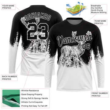 Uksn Individuelles Schwarz Weiß 3D Tier Hirsch Jagd Langarm Funktions-T-Shirt