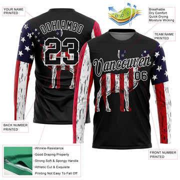 Uksn Individuelles Schwarz Weiß 3D Tier Hirsch Jagd Amerikanische Flagge Langarm Funktions-T-Shirt