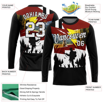 Uksn Individuelles Schwarz Weiß 3D Tier Hirsch Jagd Werkzeug Gewehr Jäger Langarm Funktions-T-Shirt