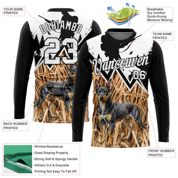 Uksn Individuelles Schwarz Weiß 3D Tier Rottweiler Hund Jagd Werkzeug Gewehr Jäger Langarm Funktions-T-Shirt