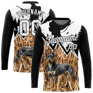 Uksn Individuelles Schwarz Weiß 3D Tier Rottweiler Hund Jagd Werkzeug Gewehr Jäger Langarm Funktions-T-Shirt